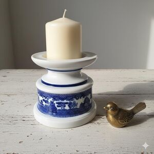 Vintage Blue Willow Pillar Candle Holder: Cobalt Blue Transferware Ceramic Base